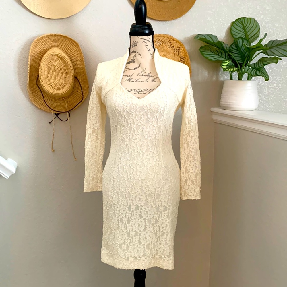 Full lace, long sleeve ivory, formal, cocktail, holiday dress.